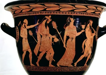 Dionysischer Umzug, Detail eines attischen rotfigurigen Glockenkraters, 5. Jahrhundert v. Chr.